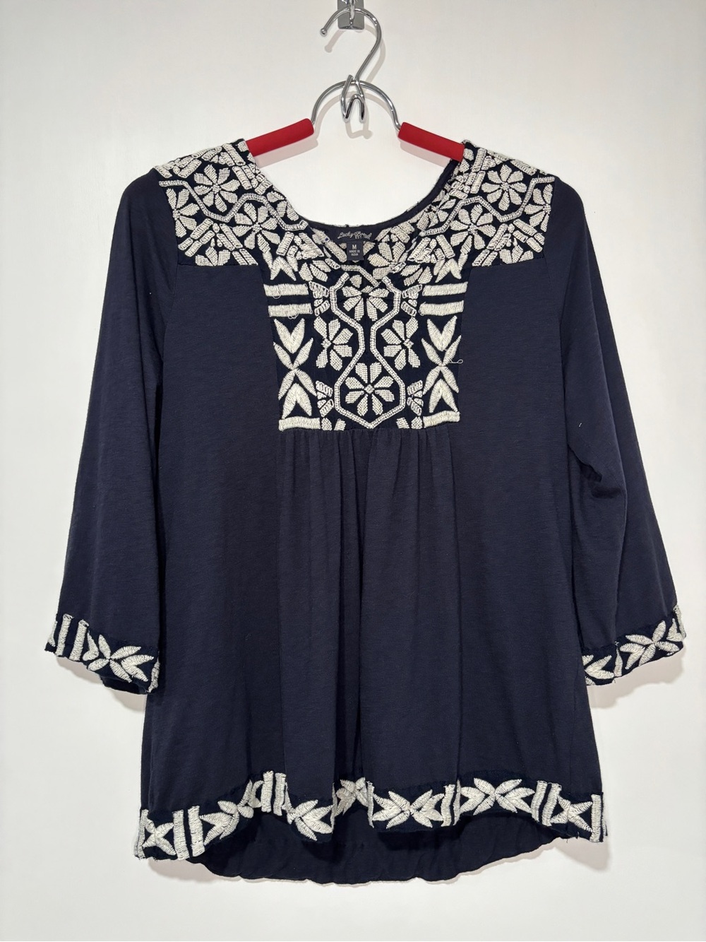 Lucky Brand Navy Top with White Embroidered Yoke